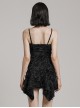 Black Stretch Knit Tattered Front Criss Cross Eyelet Webbing Embellished Punk Style Suspender Dress