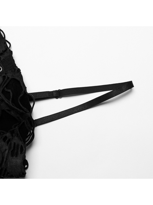 Black Stretch Knit Tattered Front Criss Cross Eyelet Webbing Embellished Punk Style Suspender Dress