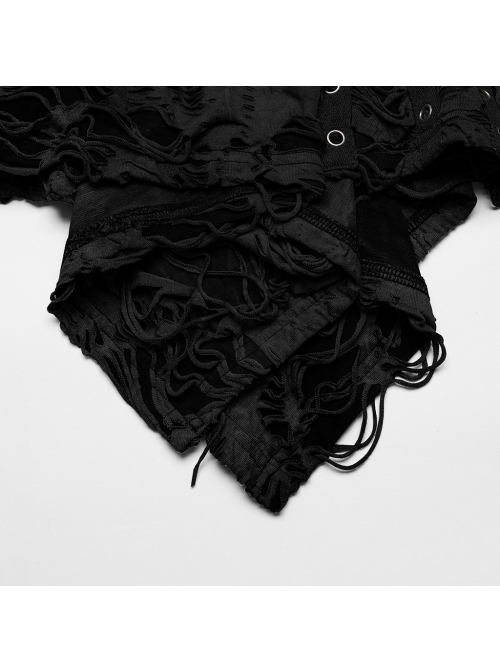Black Stretch Knit Tattered Front Criss Cross Eyelet Webbing Embellished Punk Style Suspender Dress