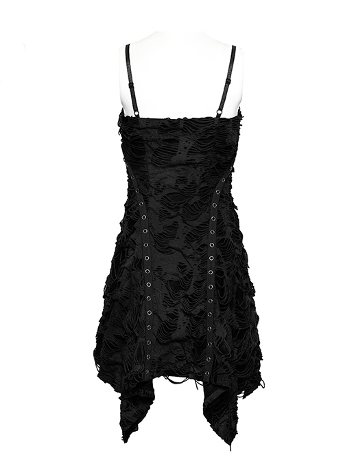 Black Stretch Knit Tattered Front Criss Cross Eyelet Webbing Embellished Punk Style Suspender Dress