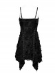 Black Stretch Knit Tattered Front Criss Cross Eyelet Webbing Embellished Punk Style Suspender Dress