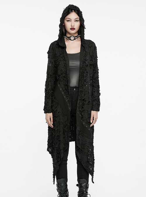Handsome Black Stretch Knit Tattered Front Webbing Cross Decoration Punk Style Hooded Long Sleeved Jacket