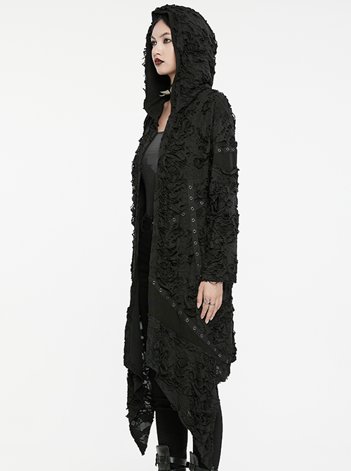 Handsome Black Stretch Knit Tattered Front Webbing Cross Decoration Punk Style Hooded Long Sleeved Jacket