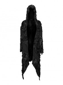 Handsome Black Stretch Knit Tattered Front Webbing Cross Decoration Punk Style Hooded Long Sleeved Jacket