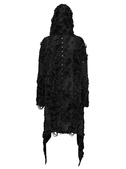 Handsome Black Stretch Knit Tattered Front Webbing Cross Decoration Punk Style Hooded Long Sleeved Jacket