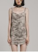 Brown Sexy Stretch Roman Knitted Cotton Gathered Lace Up Design On Both Sides Punk Style Suspender Sleeveless Dress