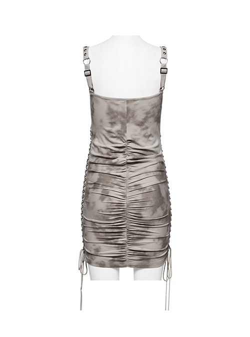 Brown Sexy Stretch Roman Knitted Cotton Gathered Lace Up Design On Both Sides Punk Style Suspender Sleeveless Dress