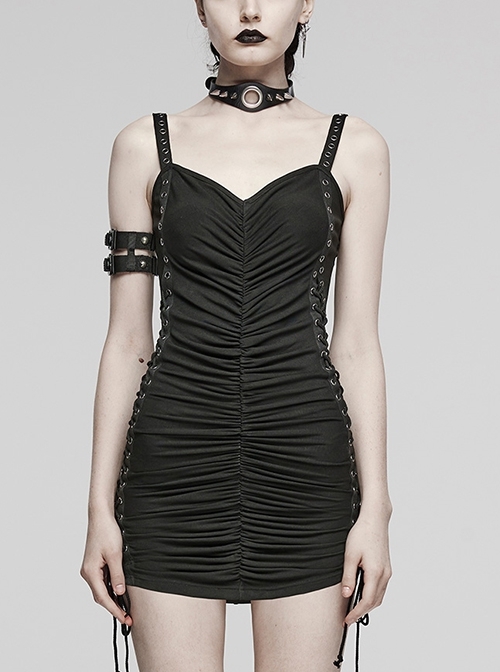 Black Sexy Stretch Roman Knitted Cotton Gathered Lace Up Design On Both Sides Punk Style Suspender Sleeveless Dress