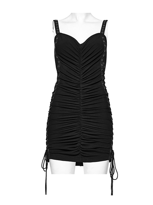 Black Sexy Stretch Roman Knitted Cotton Gathered Lace Up Design On Both Sides Punk Style Suspender Sleeveless Dress