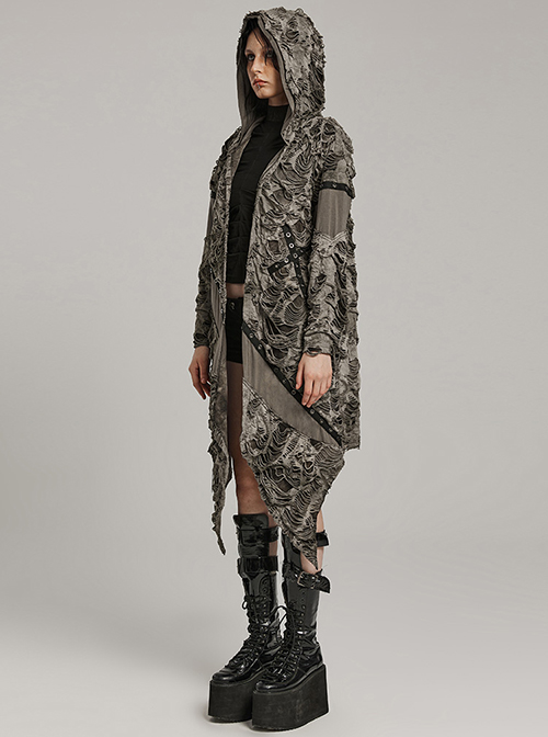 Handsome Black Brown Stretch Knit Tattered Front Webbing Cross Decoration Punk Style Hooded Long Sleeved Jacket