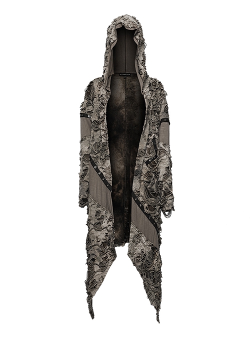 Handsome Black Brown Stretch Knit Tattered Front Webbing Cross Decoration Punk Style Hooded Long Sleeved Jacket
