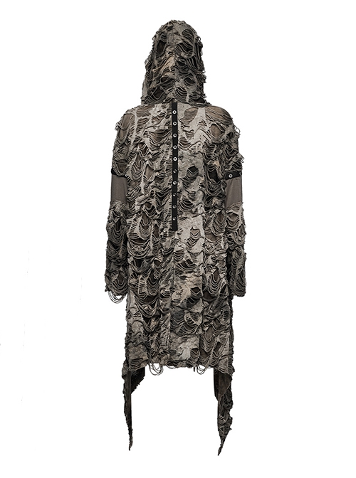 Handsome Black Brown Stretch Knit Tattered Front Webbing Cross Decoration Punk Style Hooded Long Sleeved Jacket