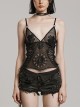 Sexy Black Lace Mesh Patchwork Embroidered Appliqué Side Waist Adjustable Drawstring Gothic See Through Vest