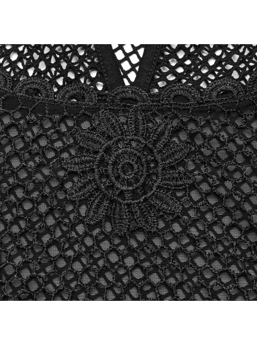 Sexy Black Lace Mesh Patchwork Embroidered Appliqué Side Waist Adjustable Drawstring Gothic See Through Vest
