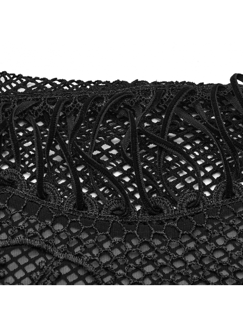 Sexy Black Lace Mesh Patchwork Embroidered Appliqué Side Waist Adjustable Drawstring Gothic See Through Vest