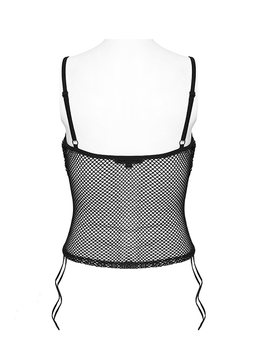 Sexy Black Lace Mesh Patchwork Embroidered Appliqué Side Waist Adjustable Drawstring Gothic See Through Vest