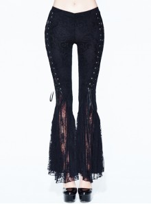 Black Lace Palace Pattern Lace-Up Velveteen Gothic Flared Pants