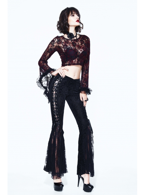 Black Lace Palace Pattern Lace-Up Velveteen Gothic Flared Pants