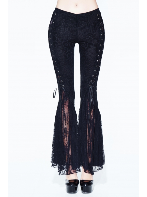 Black Lace Palace Pattern Lace-Up Velveteen Gothic Flared Pants