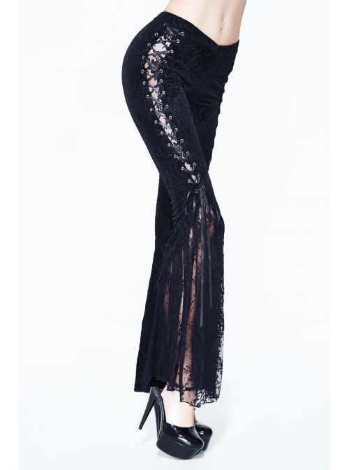 Black Lace Palace Pattern Lace-Up Velveteen Gothic Flared Pants