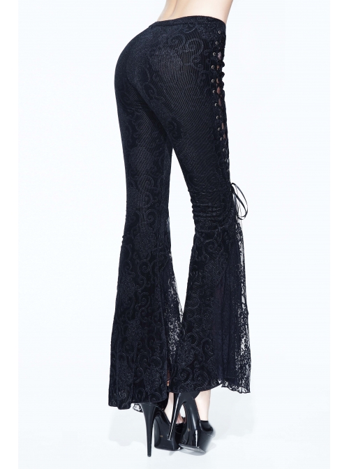 Black Lace Palace Pattern Lace-Up Velveteen Gothic Flared Pants