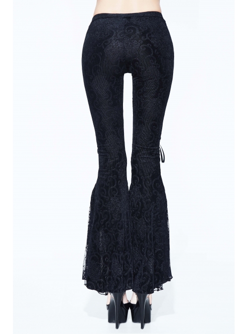 Black Lace Palace Pattern Lace-Up Velveteen Gothic Flared Pants
