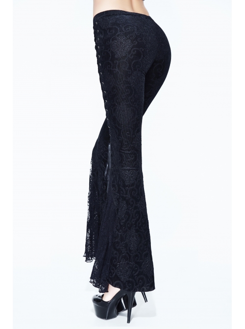 Black Lace Palace Pattern Lace-Up Velveteen Gothic Flared Pants