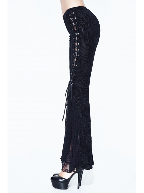 Black Lace Palace Pattern Lace-Up Velveteen Gothic Flared Pants