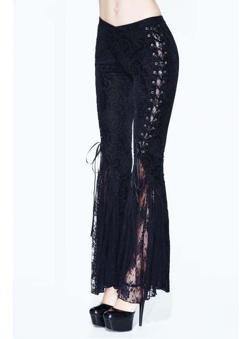 Black Lace Palace Pattern Lace-Up Velveteen Gothic Flared Pants