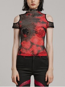 Personalized Black And Red Hollow Mesh Stitching Soft Knitted Turtleneck Punk Style Short-Sleeved T-Shirt