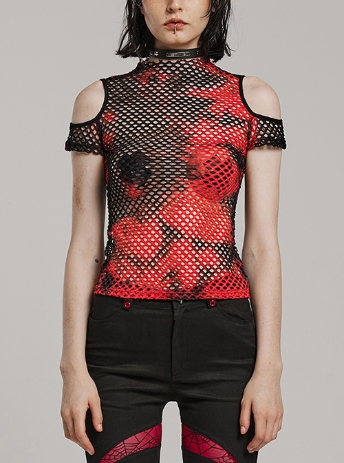 Personalized Black And Red Hollow Mesh Stitching Soft Knitted Turtleneck Punk Style Short-Sleeved T-Shirt