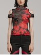 Personalized Black And Red Hollow Mesh Stitching Soft Knitted Turtleneck Punk Style Short-Sleeved T-Shirt