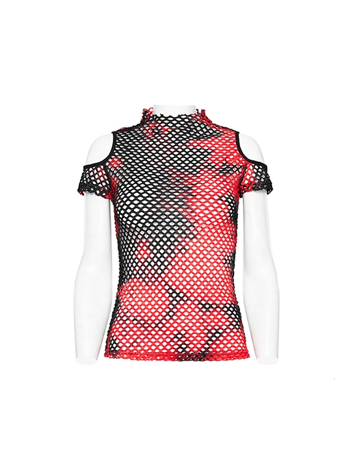 Personalized Black And Red Hollow Mesh Stitching Soft Knitted Turtleneck Punk Style Short-Sleeved T-Shirt
