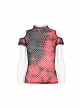Personalized Black And Red Hollow Mesh Stitching Soft Knitted Turtleneck Punk Style Short-Sleeved T-Shirt