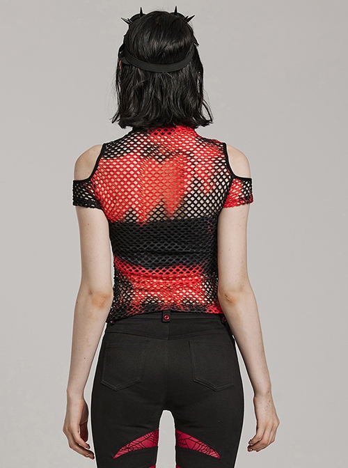 Personalized Black And Red Hollow Mesh Stitching Soft Knitted Turtleneck Punk Style Short-Sleeved T-Shirt