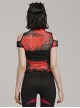 Personalized Black And Red Hollow Mesh Stitching Soft Knitted Turtleneck Punk Style Short-Sleeved T-Shirt