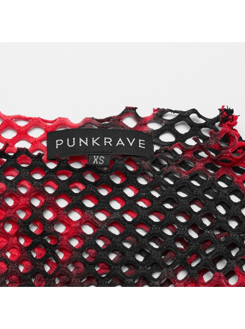 Personalized Black And Red Hollow Mesh Stitching Soft Knitted Turtleneck Punk Style Short-Sleeved T-Shirt