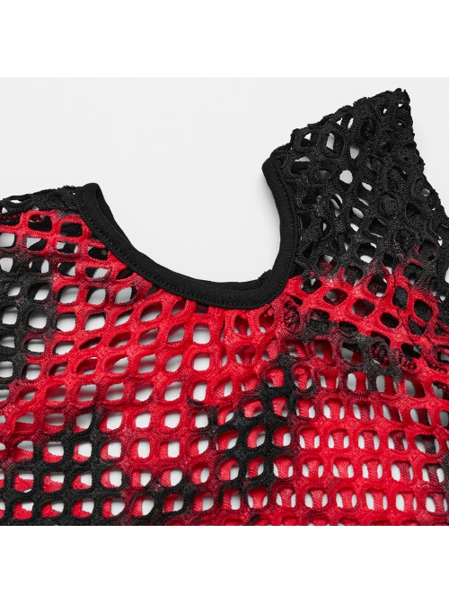 Personalized Black And Red Hollow Mesh Stitching Soft Knitted Turtleneck Punk Style Short-Sleeved T-Shirt