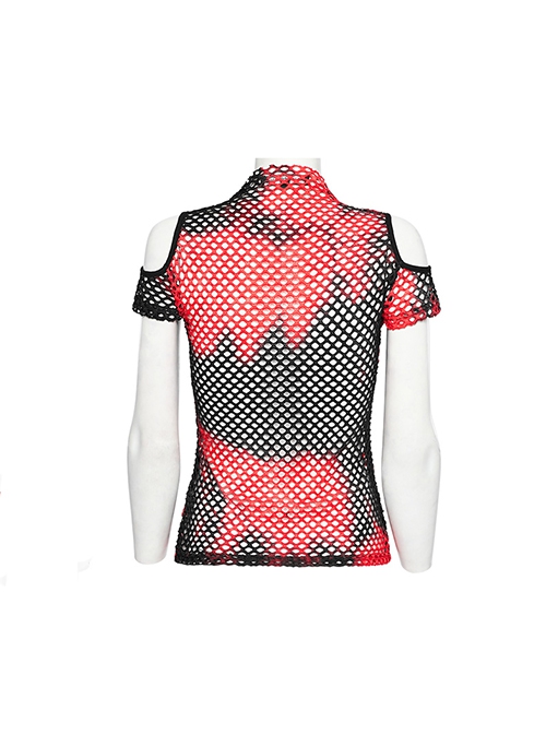 Personalized Black And Red Hollow Mesh Stitching Soft Knitted Turtleneck Punk Style Short-Sleeved T-Shirt