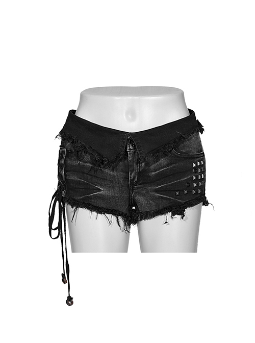 Sexy Black Elastic Slim Fit  With Studded Side Drawstrings Punk Style Asymmetric Denim Shorts