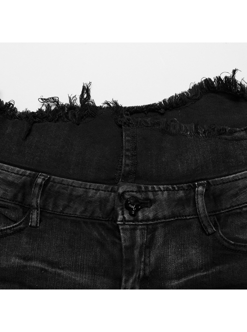 Sexy Black Elastic Slim Fit  With Studded Side Drawstrings Punk Style Asymmetric Denim Shorts