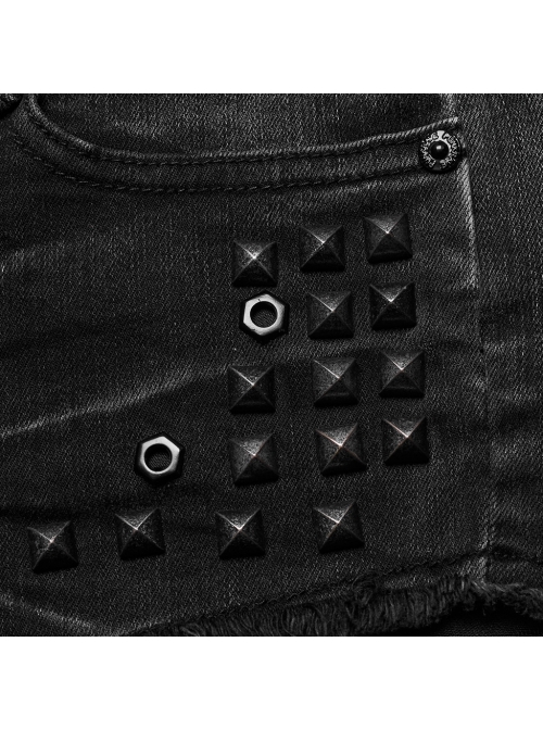 Sexy Black Elastic Slim Fit  With Studded Side Drawstrings Punk Style Asymmetric Denim Shorts