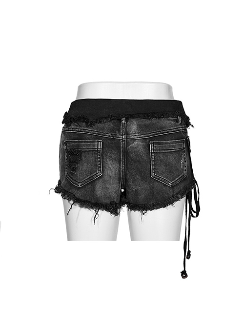 Sexy Black Elastic Slim Fit  With Studded Side Drawstrings Punk Style Asymmetric Denim Shorts