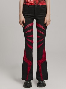 Black And Red Micro Stretch Twill Woven Spiderweb Claw Gothic Flared Pants