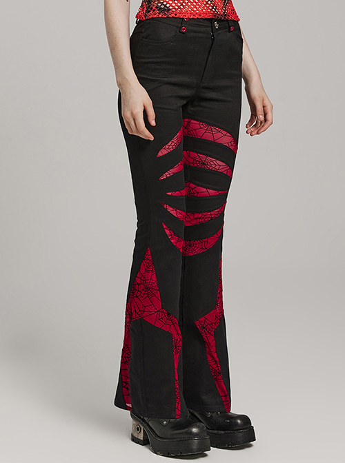 Black And Red Micro Stretch Twill Woven Spiderweb Claw Gothic Flared Pants