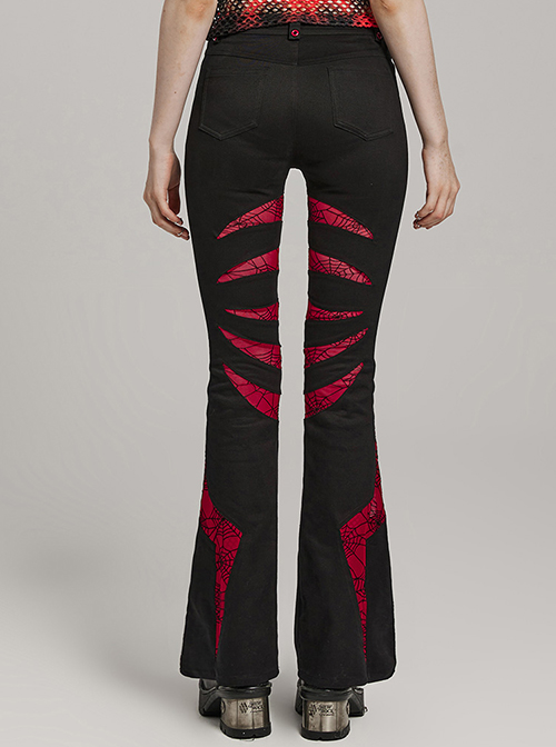 Black And Red Micro Stretch Twill Woven Spiderweb Claw Gothic Flared Pants