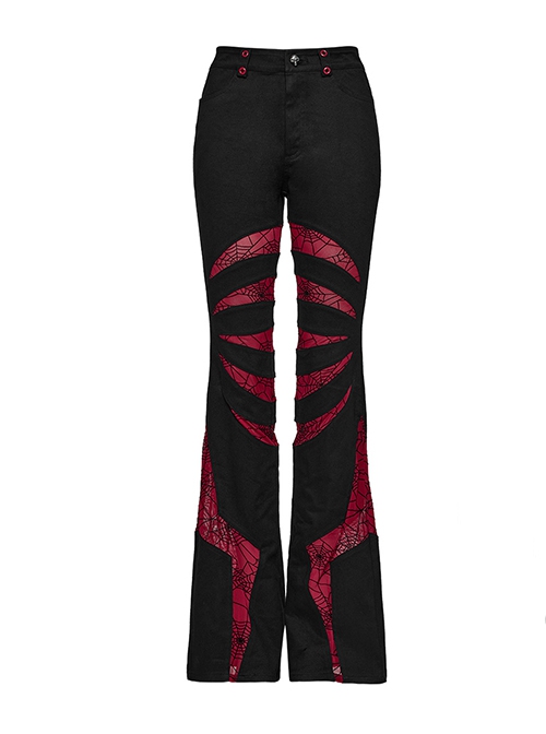 Black And Red Micro Stretch Twill Woven Spiderweb Claw Gothic Flared Pants