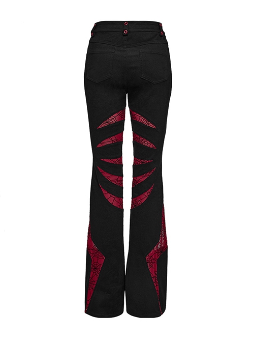 Black And Red Micro Stretch Twill Woven Spiderweb Claw Gothic Flared Pants