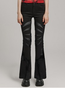 Black Micro Stretch Twill Woven Spiderweb Claw Gothic Flared Pants