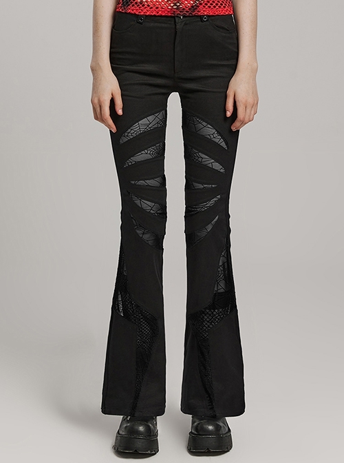 Black Micro Stretch Twill Woven Spiderweb Claw Gothic Flared Pants
